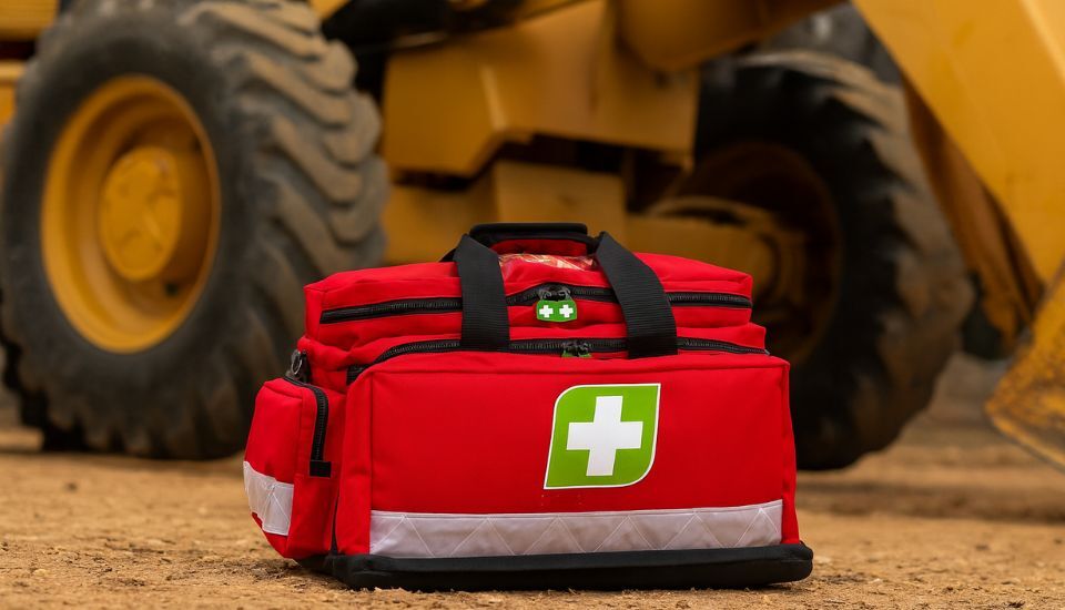 red medic first aid kit on construction site