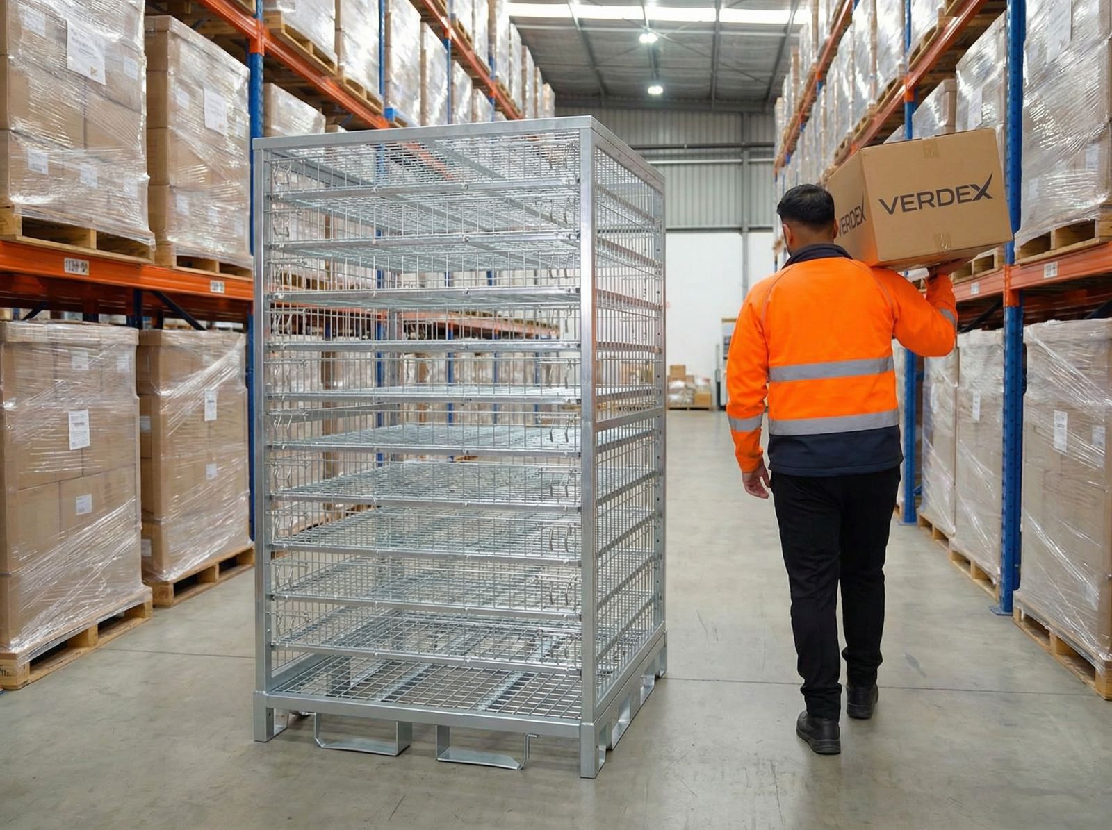 Retail Specialist Walking Next To Configurable Full Height Cage With Shelves