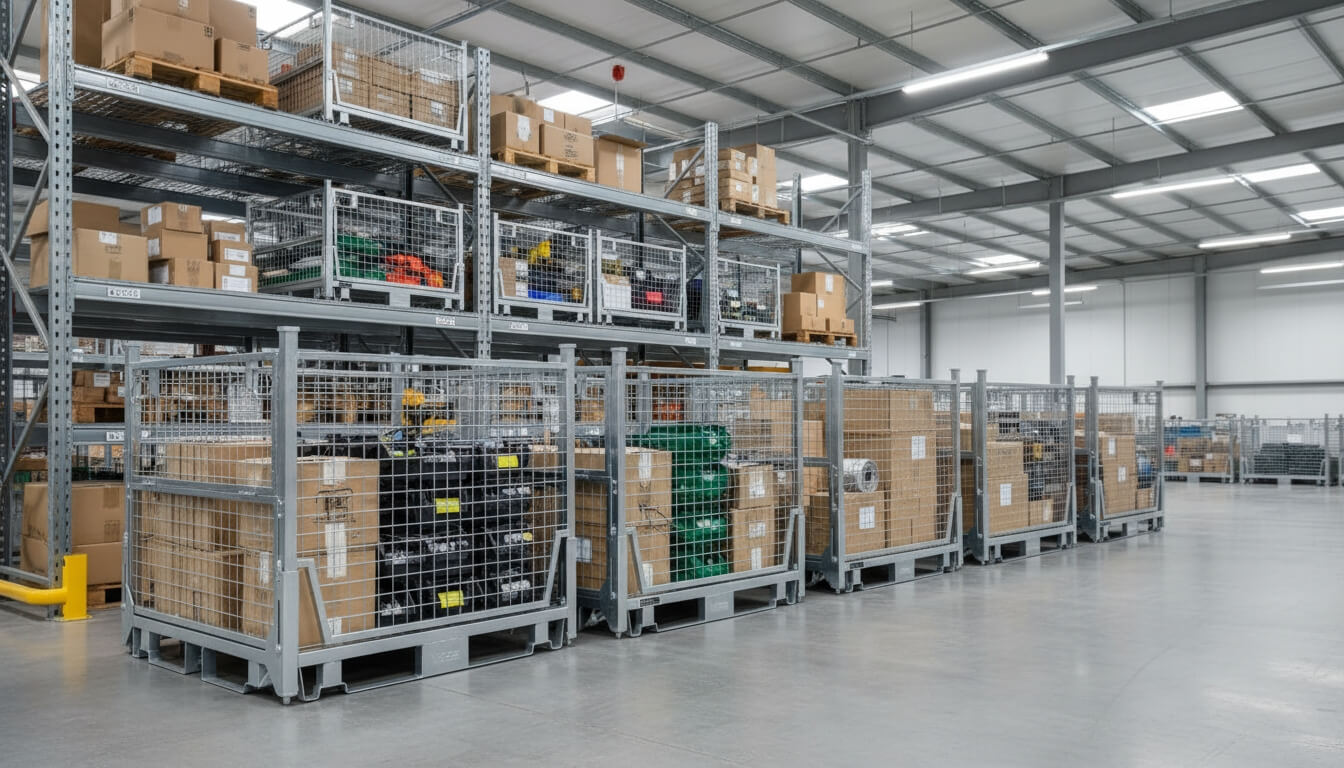 Collapsible & Stackable Stillage Cages (V7541) arranged in a row on a warehouse floor, filled with boxed and palletised goods.
