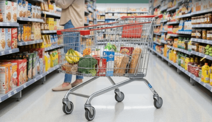 Shopping Trolley With Baby Seat In Grocery Aisle Retail Environment