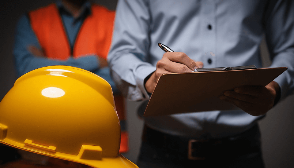 site managers preparing workplace audit wearing safety clothing gear