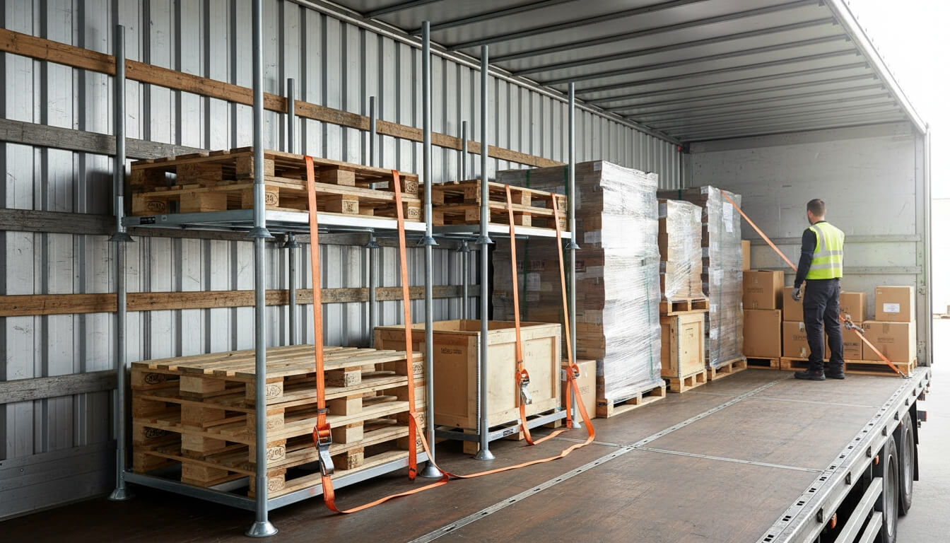 Stackable Stillage Cages (V7525) secured inside a truck with pallets, crates, and boxes, as a worker fastens cargo straps for transport.