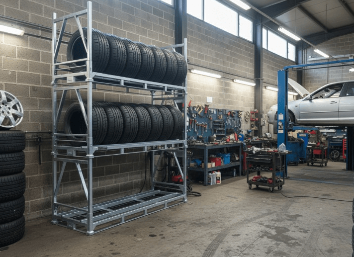 Stacked Collapsible Tyre Stillage Cages Busy Car Workshop