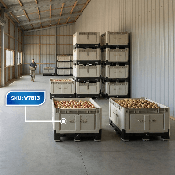 Stacked Solid Collapsible Bins With Fold Down Doors Filled With Fruits Warehouse