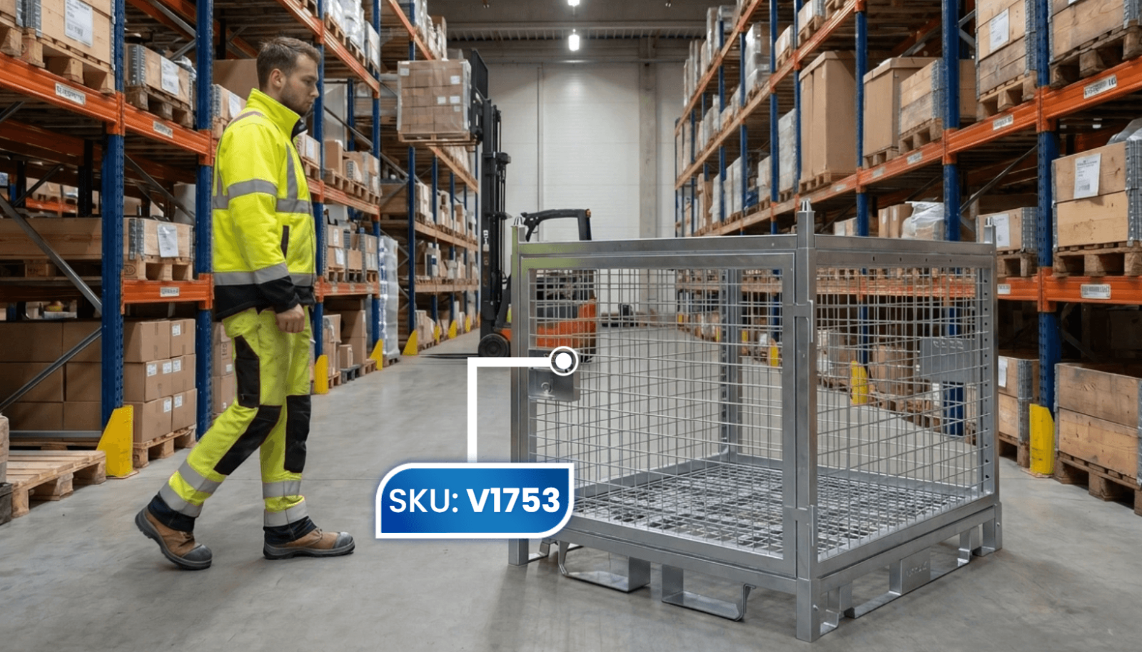 Standard Height Cage With Stacking Roof Warehouse Aisle