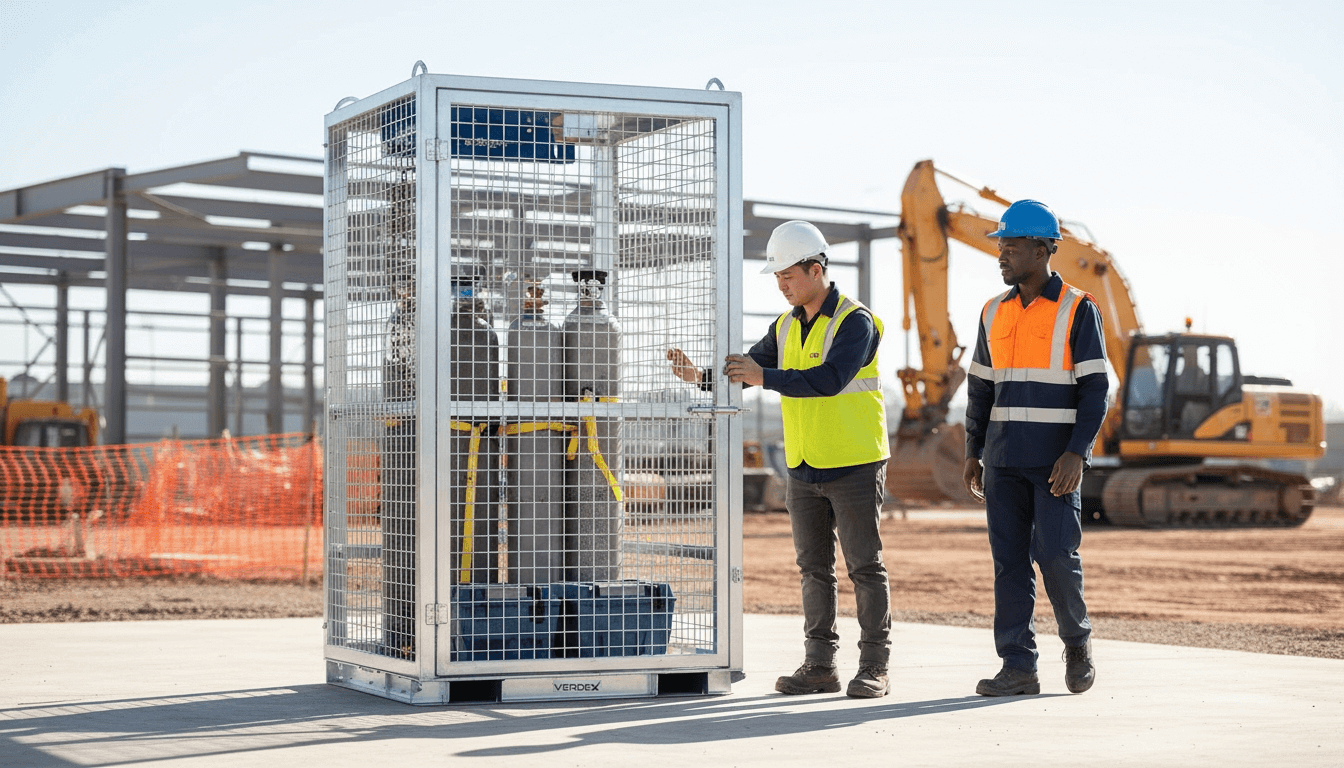 Storage cage with industrial hanging racks used on a construction site.