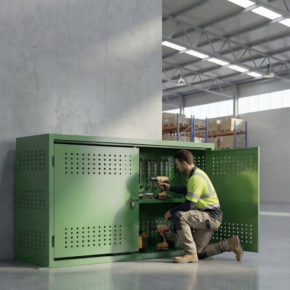 Tradesperson Storing Power Tools Lockable Tool Storage Cage