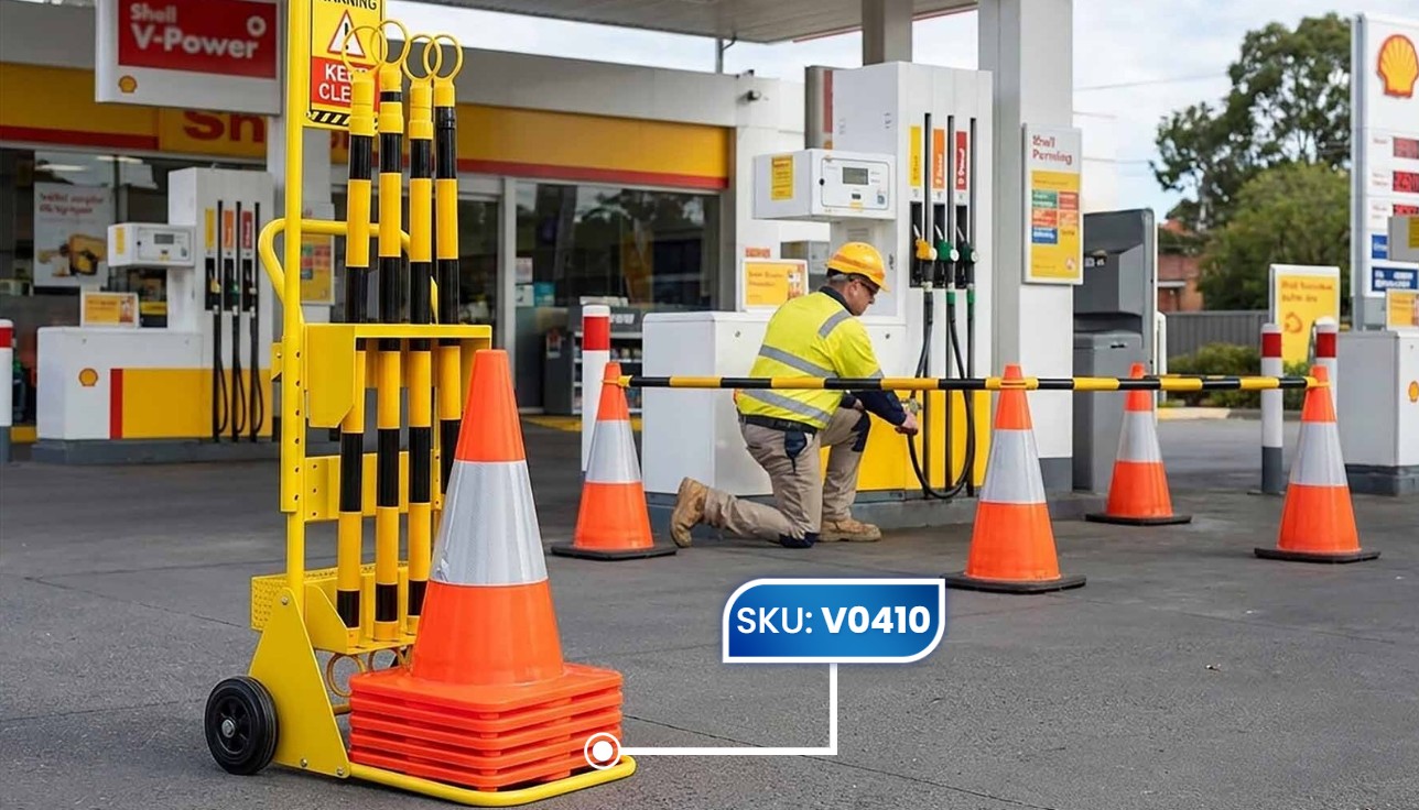Traffic Cone Trolley With Extension Bar Used At Petrol Station