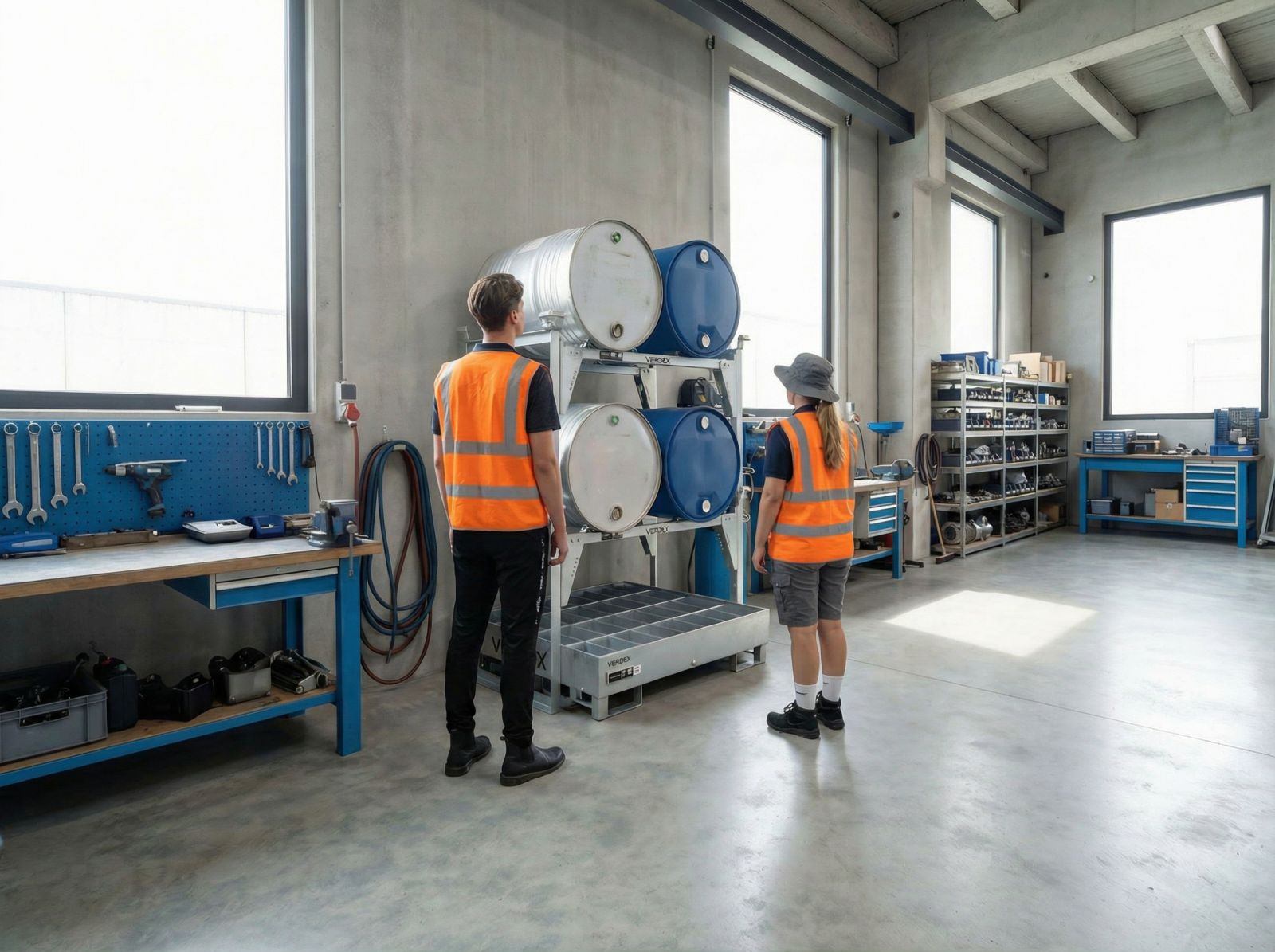 Two Employees Checking Stackable Drum Rack 2 Drums Warehouse
