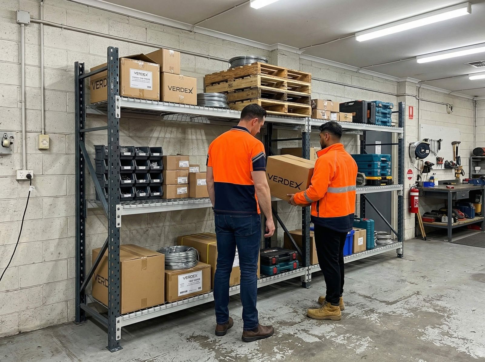 Two Warehouse Retail Associates Organising Heavy Duty Longpsan Shelving With Mesh