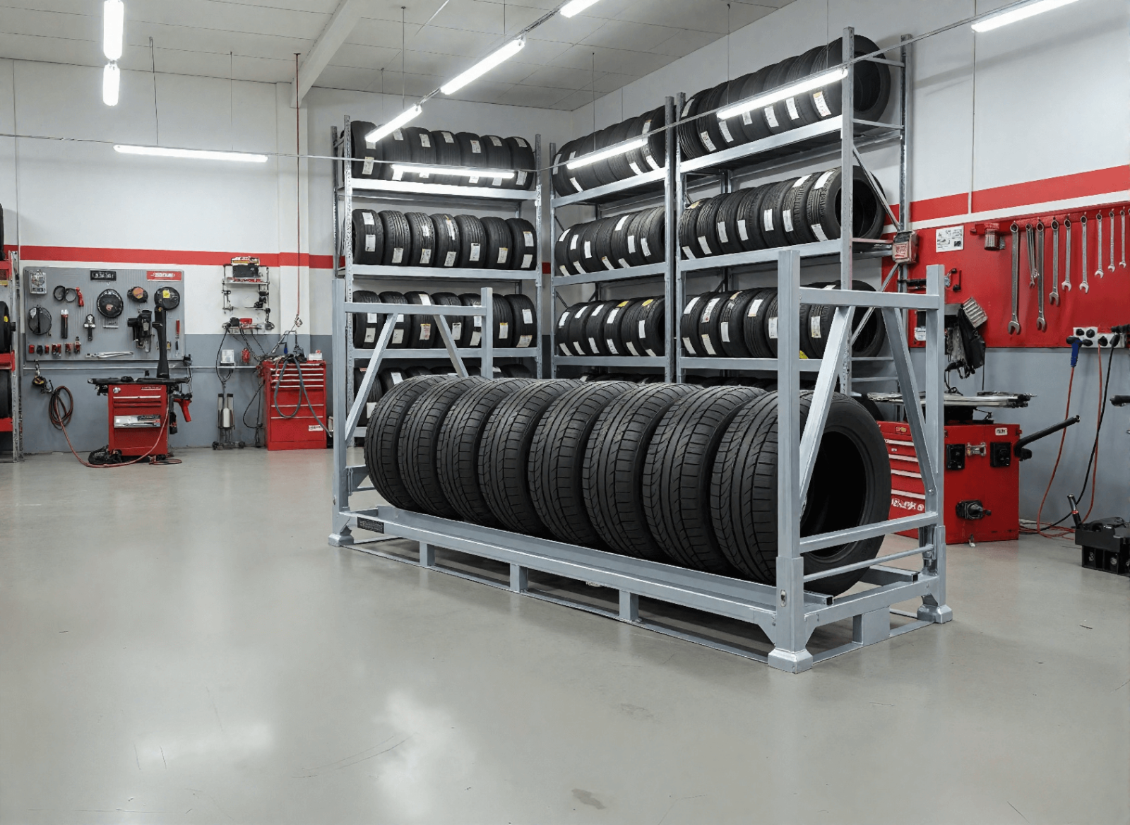 Tyre stillage cage storage rack in an automotive workshop.