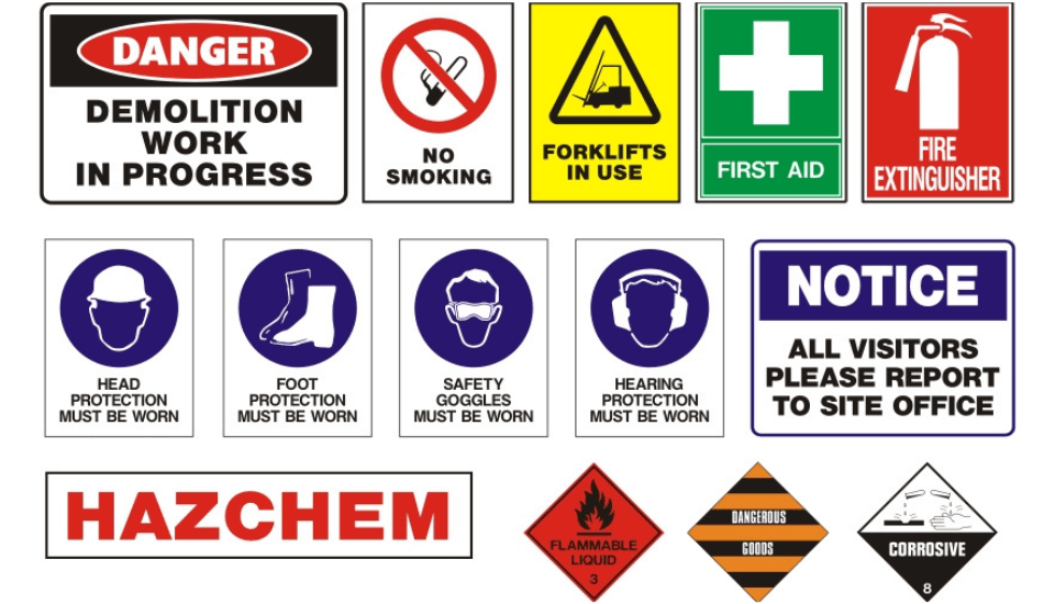 various emergency information signage for workplaces