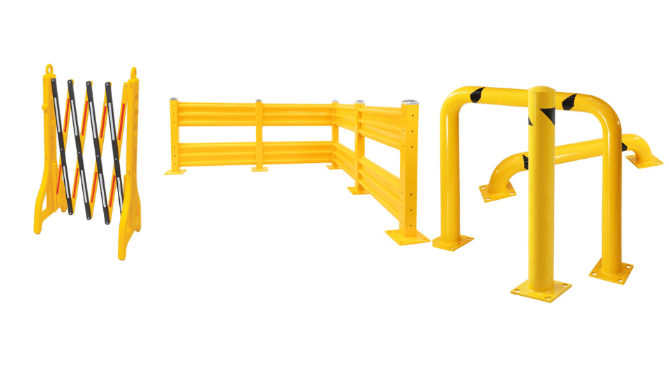 various yellow safety barriers bollards guard rail fencing