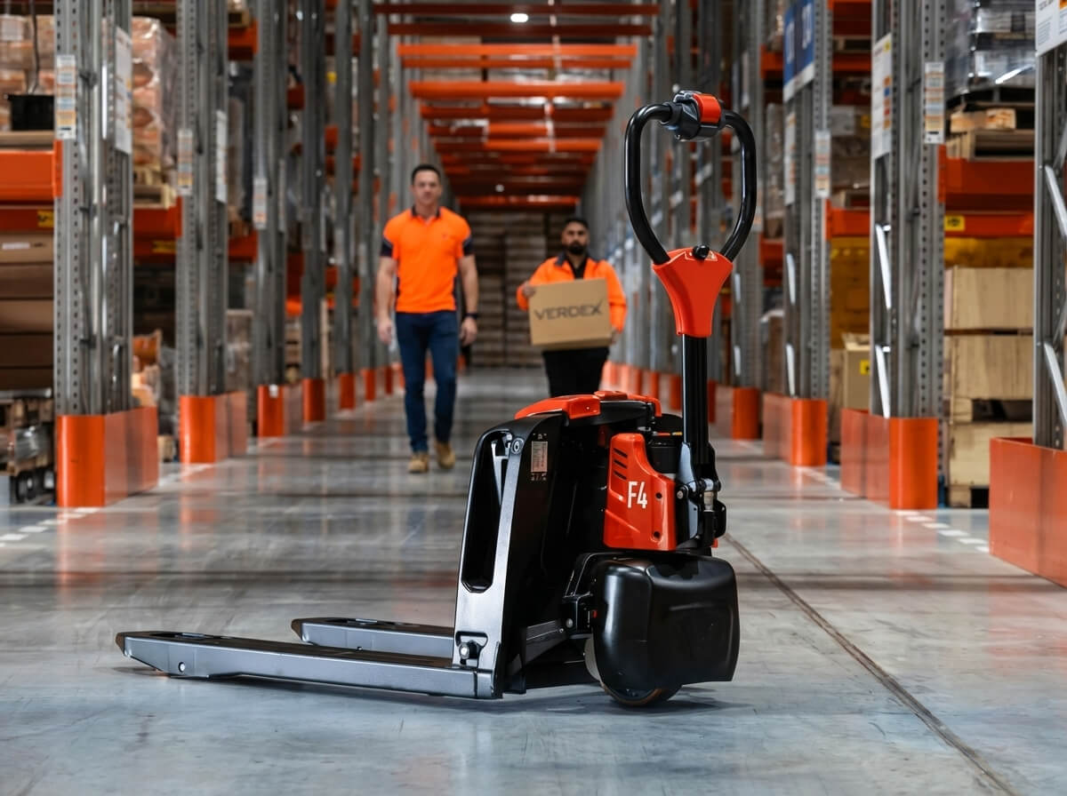 Verdex Electric Pallet Truck Aisle Two Warehouse Retail Specialists In Background
