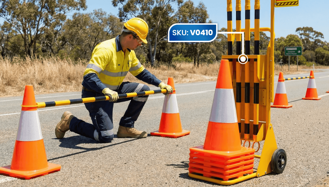Verdex Traffic Cone Trolley With Extension Bar Holder Assisting Roadside Construction