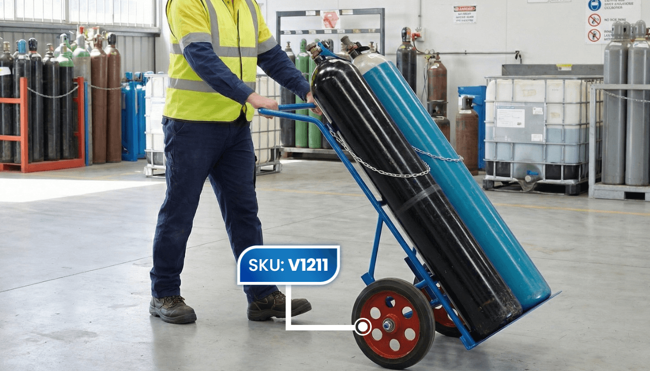 warehouse employee transporting gas cylinders using double cylinder trolley