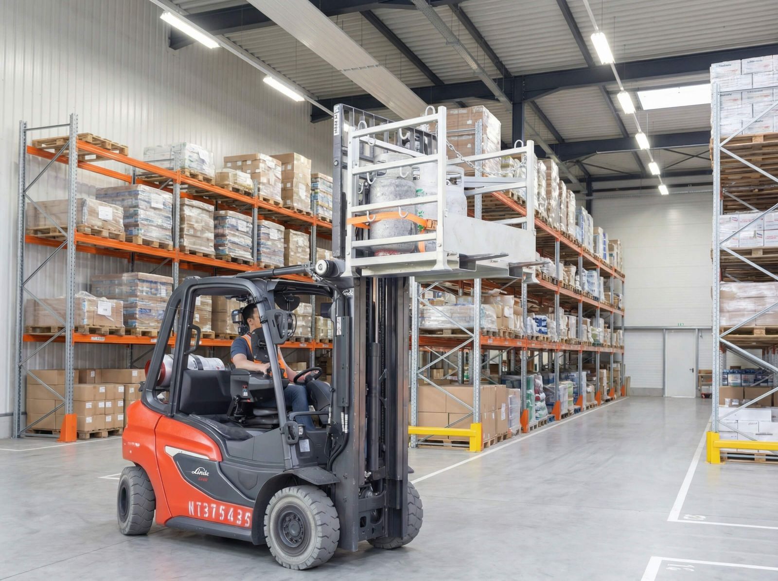 Warehouse Forklift Driver Transporting Goods Gas Cylinder Cage