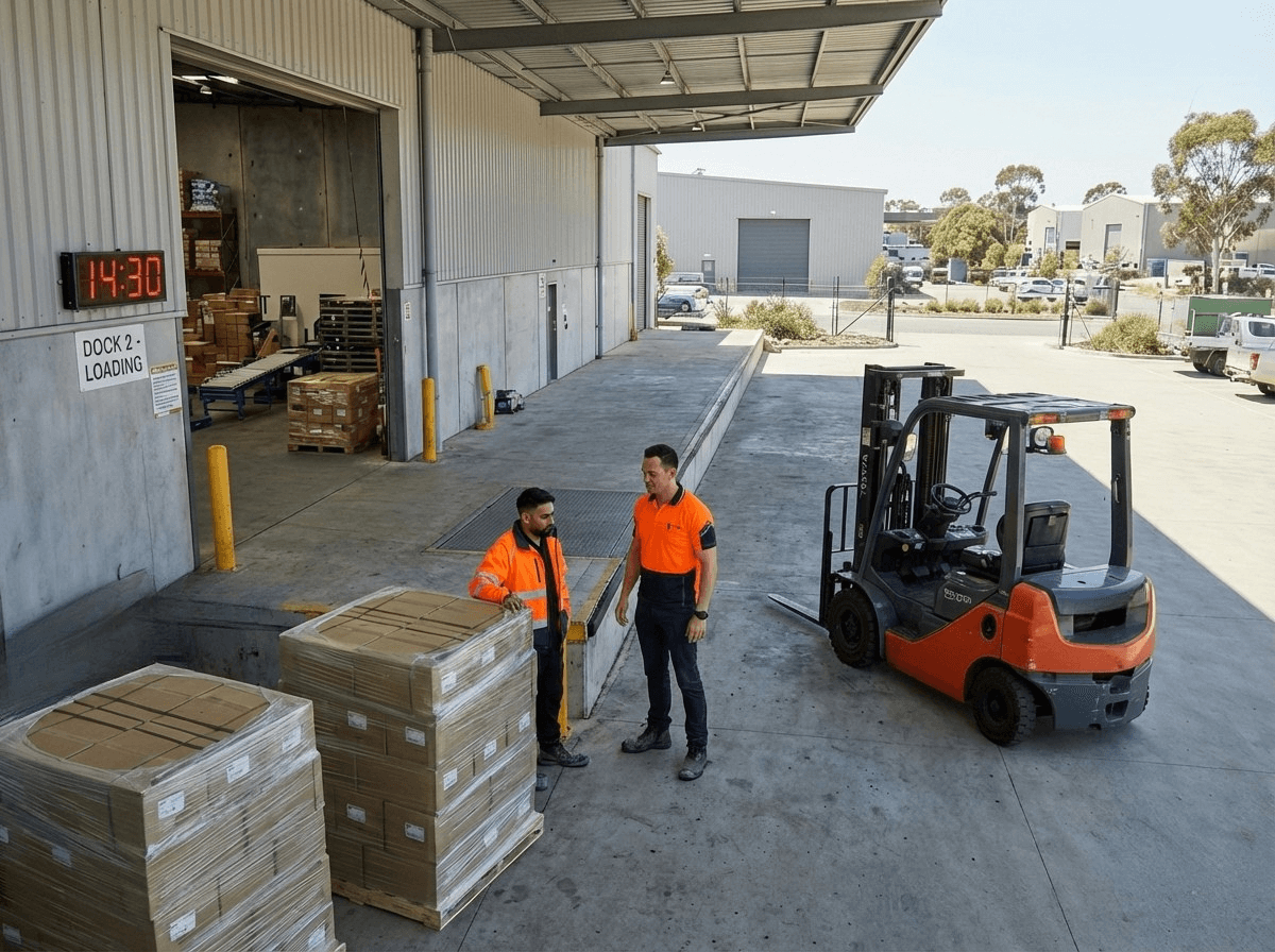 Warehouse Loading Dock Two Retail Specialists Discussing Operations