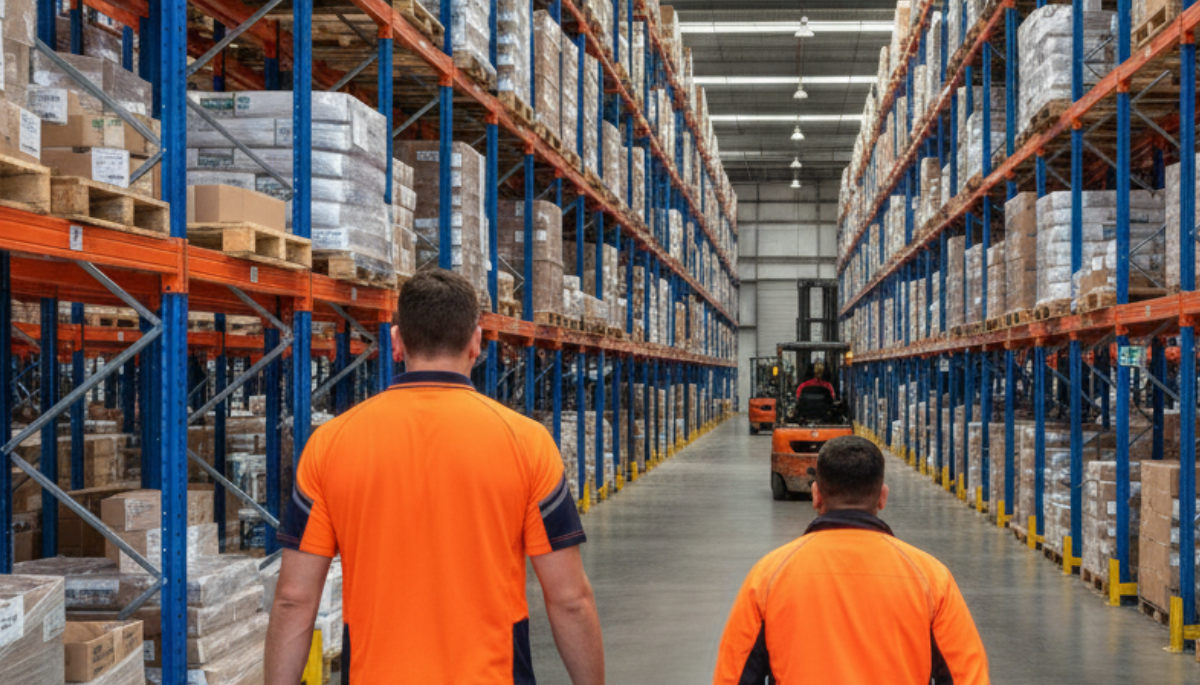 Warehouse Retail Specialists Walking Through Warehouse Pallet Racking Aisle