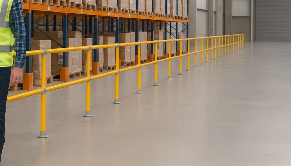 warehouse walkway safety barrier yellow guardrail protection