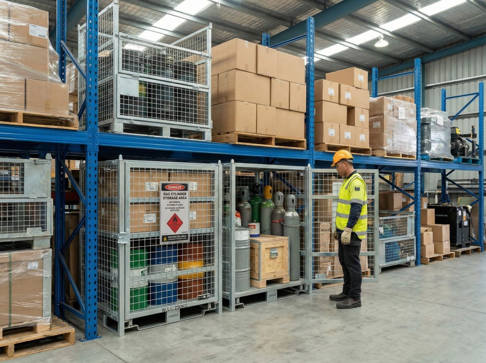 Warehouse Worker Inspecting Secure Gas Cylinder Cage Stored With Various Goods