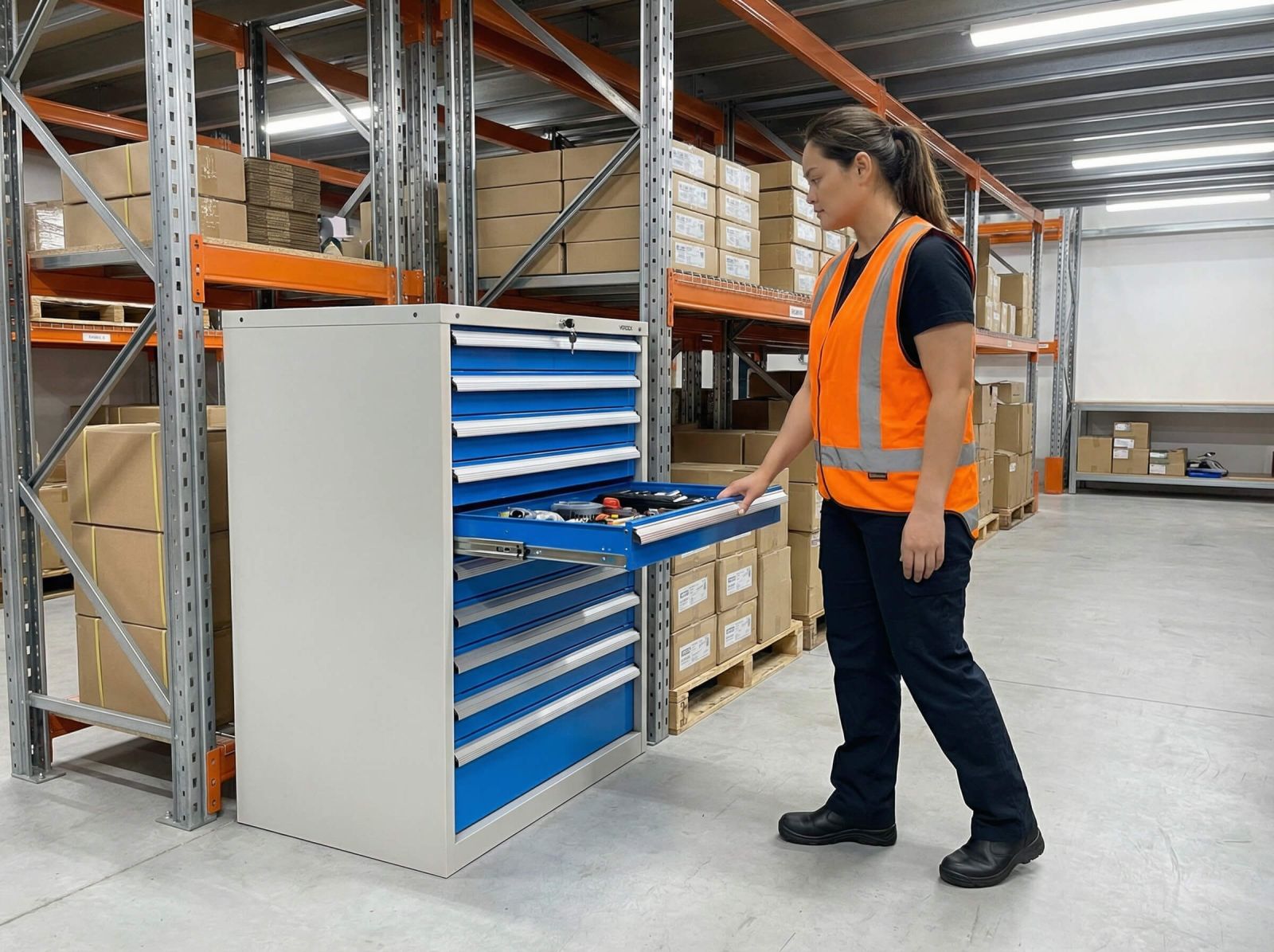 Warehouse Worker Looking Through 10 Drawer Industrial Tooling Cabinet