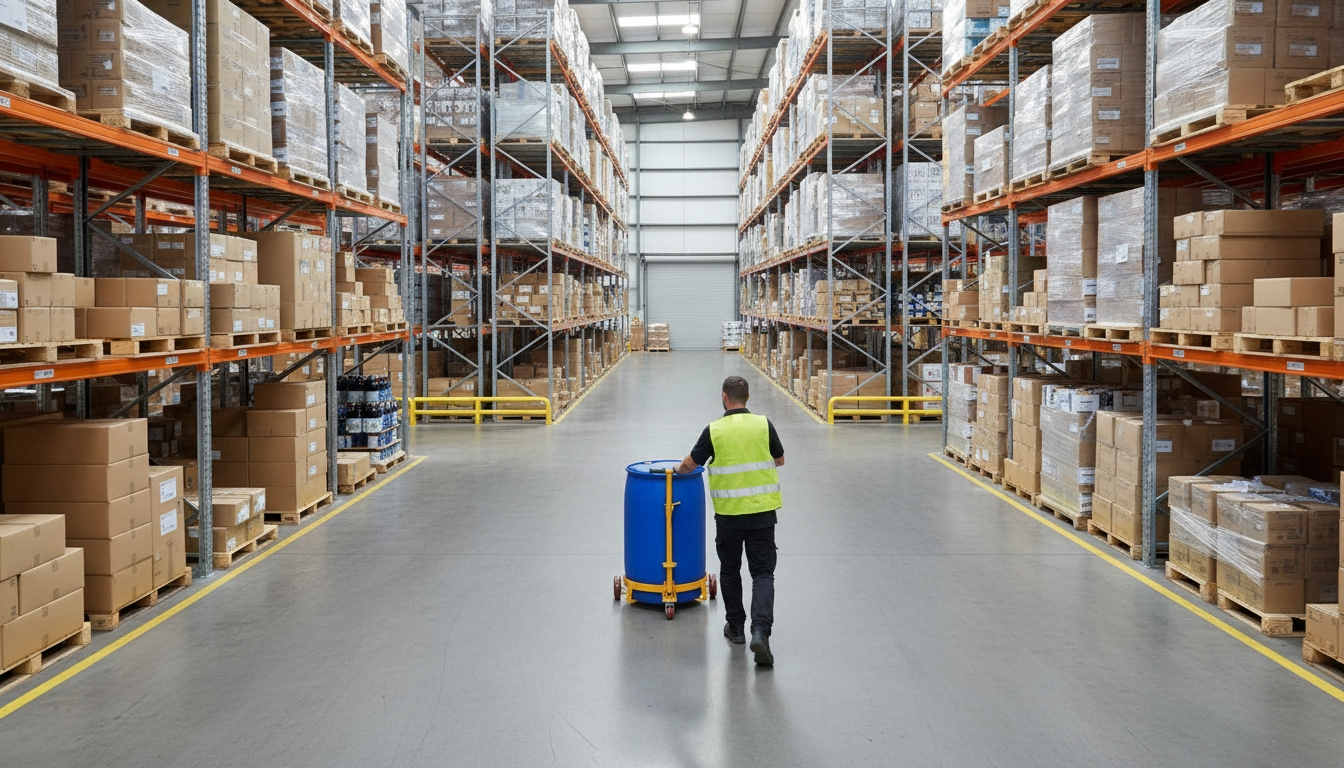 Warehouse worker pushing a Verdex low profile Drum Trolley.
