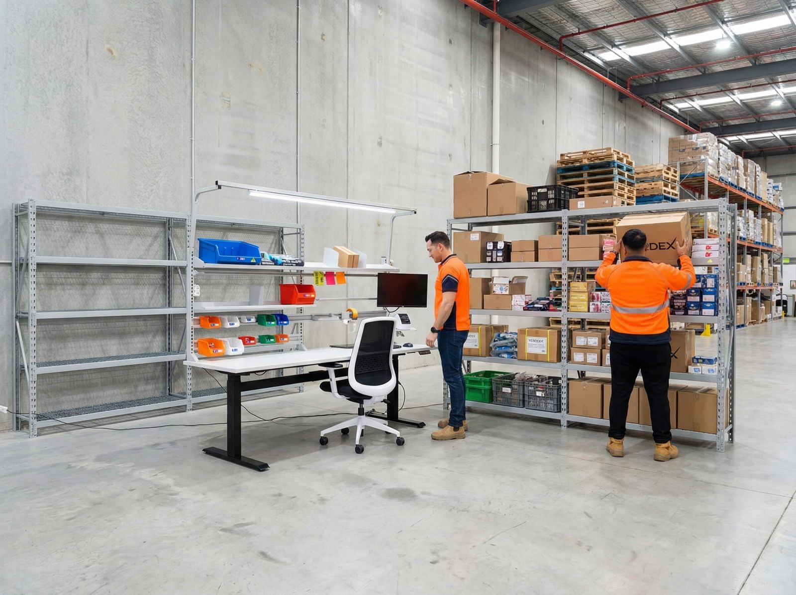 Warehouse Workstation Set Up With Multiple Heavy Duty Longspan Shelving Mesh