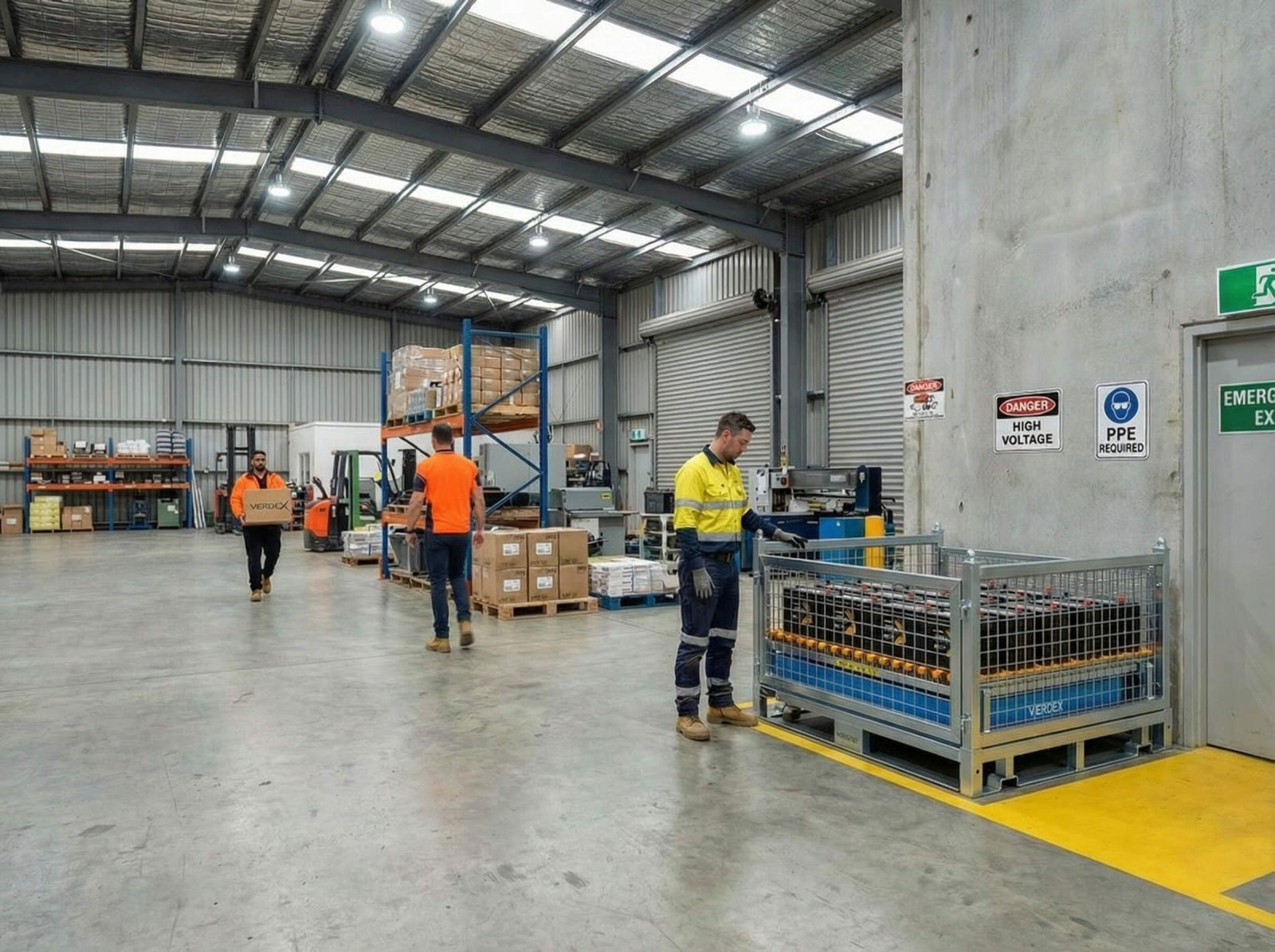Worker Inspecting Rackable Battery Storage Cage