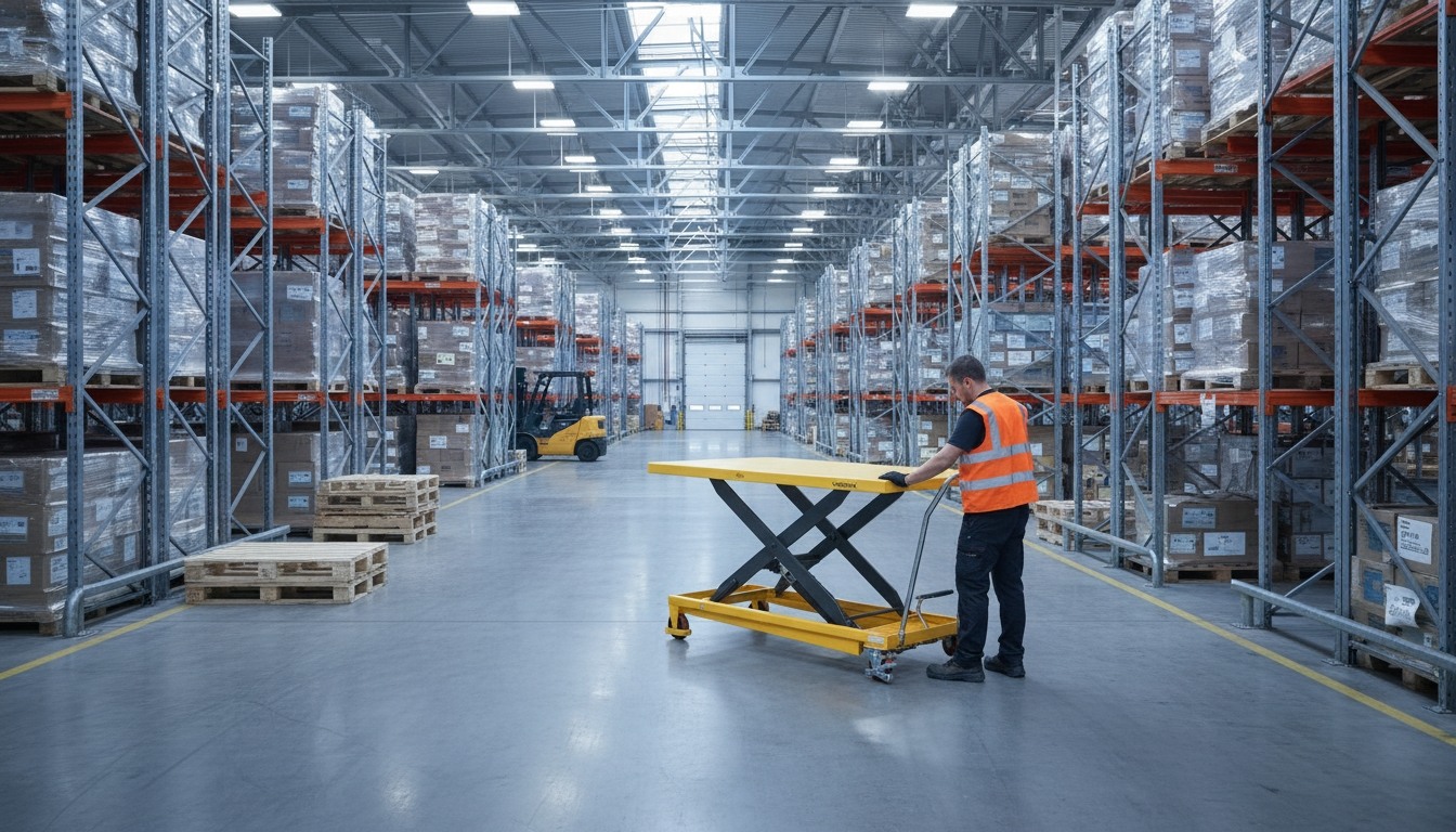 Worker operating a yellow Scissor Lift Trolley for material handling.