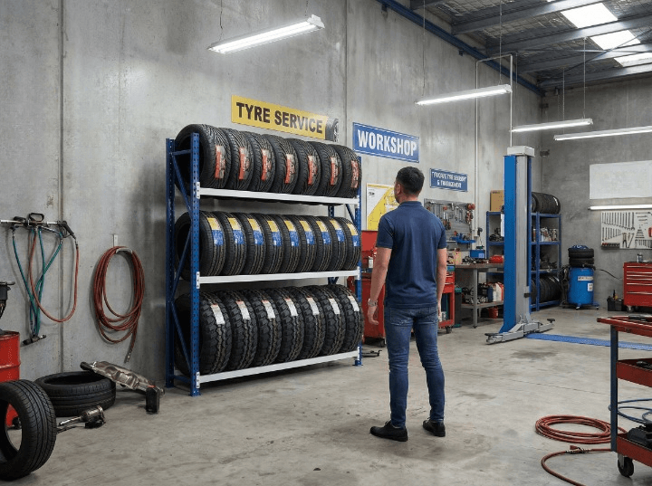Workshop Worker Looking At Heavy Duty Industrial Tyre Shelving Rack