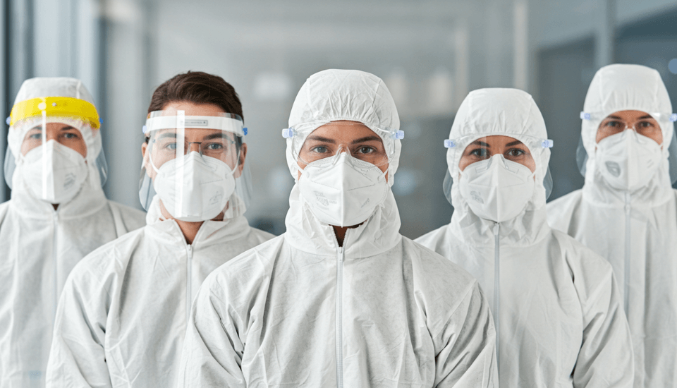 workstaff wearing white ppe gear in workplace