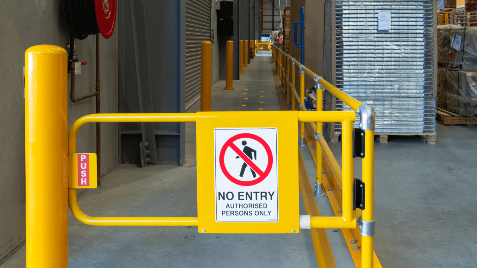 yellow adjustable safety swing gate with sign holder no entry