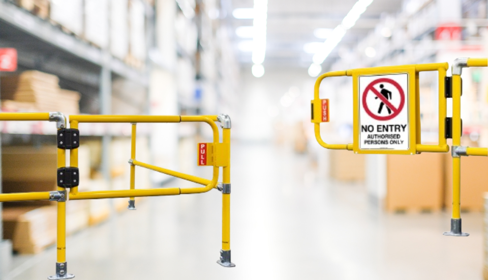 yellow adjustable safety swing gates with no entry sign