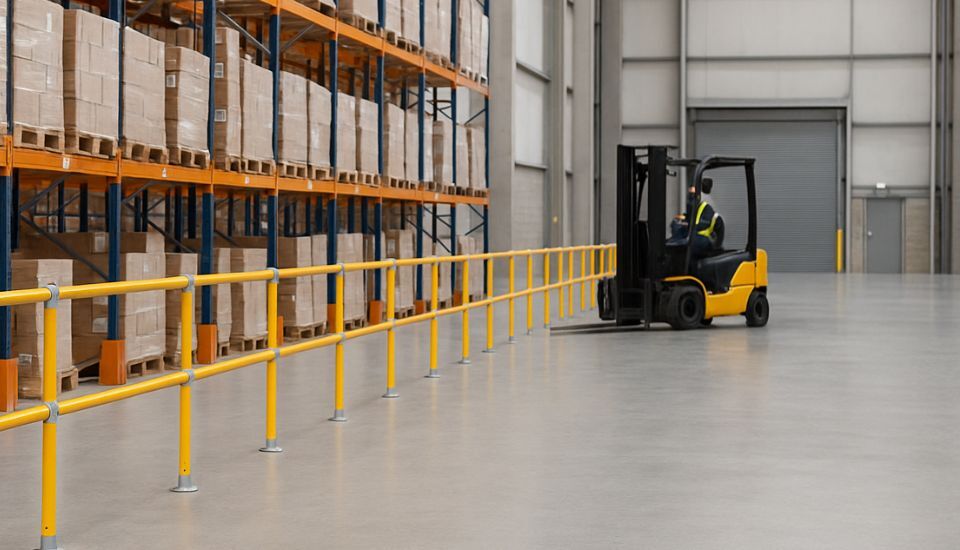 yellow pedestrian handrail barrier system forklift warehouse
